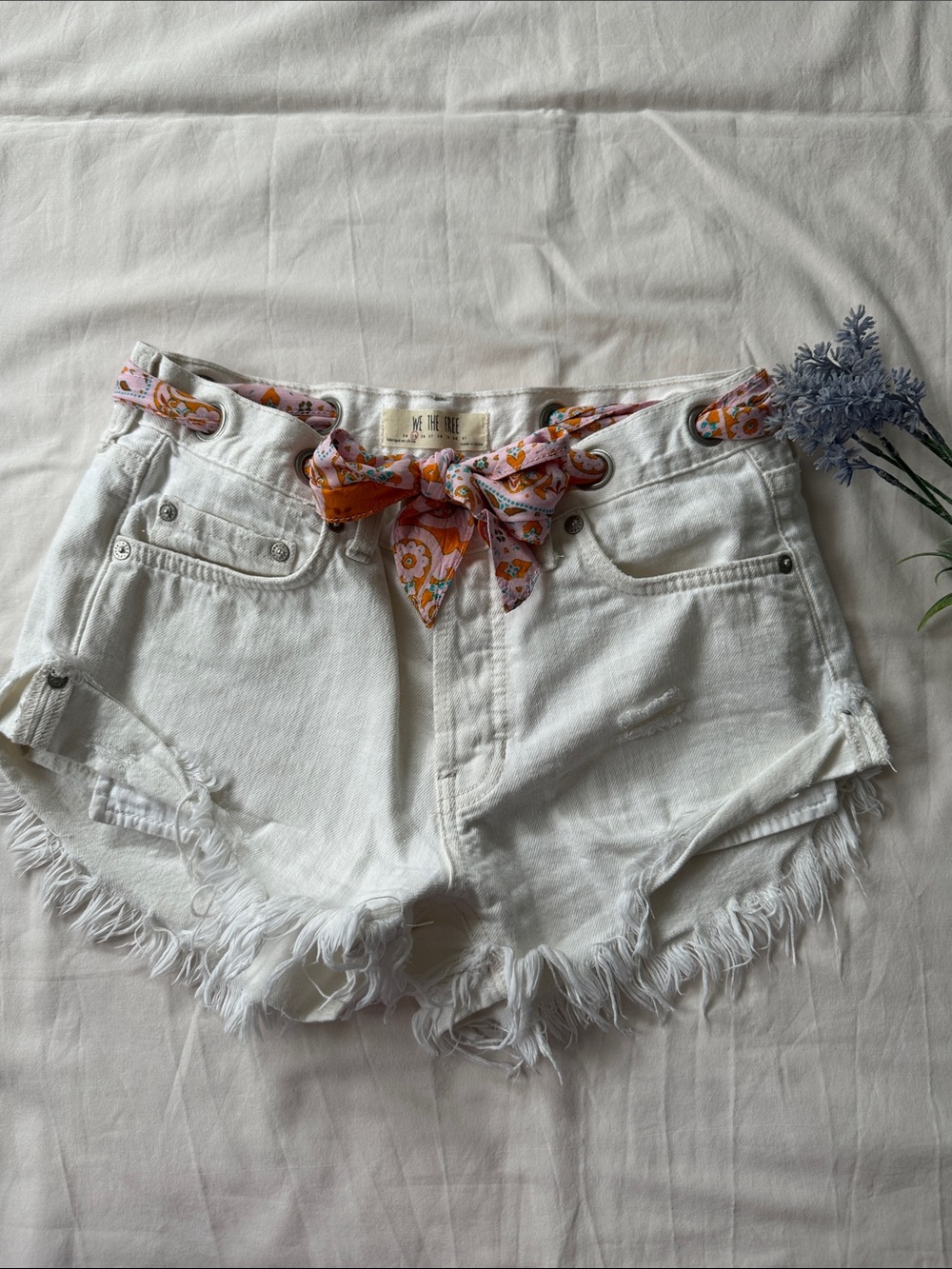 We The Free White Distressed Denim Shorts with Floral Scarf Belt